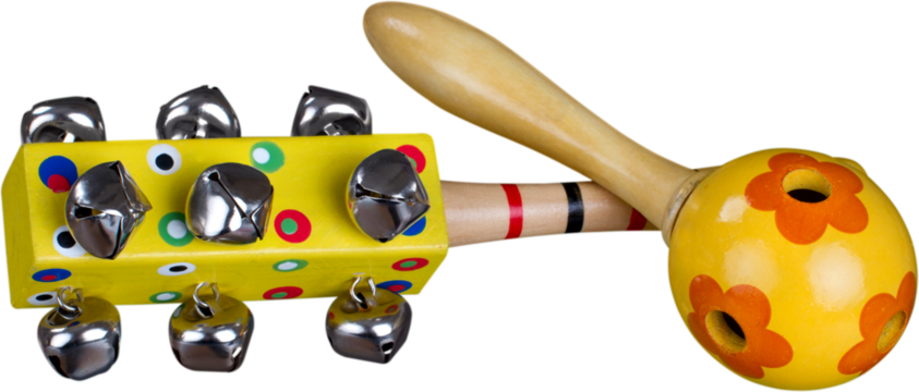 Close-up photo of yellow music instruments isolated on white background