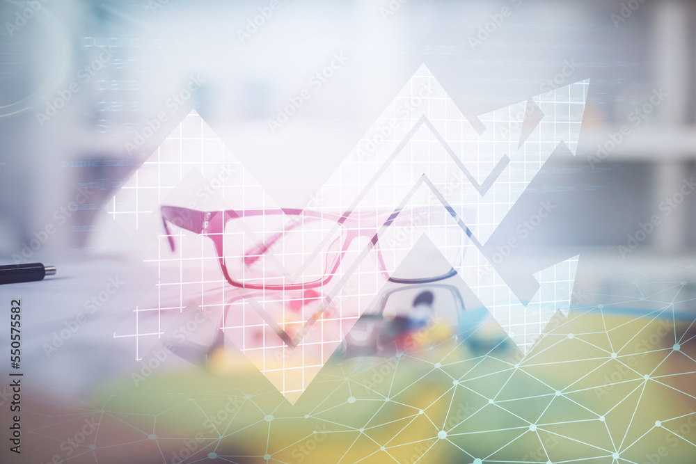 Poster arrows drawing up with glasses on the table background. concept of business growth. double exposure.