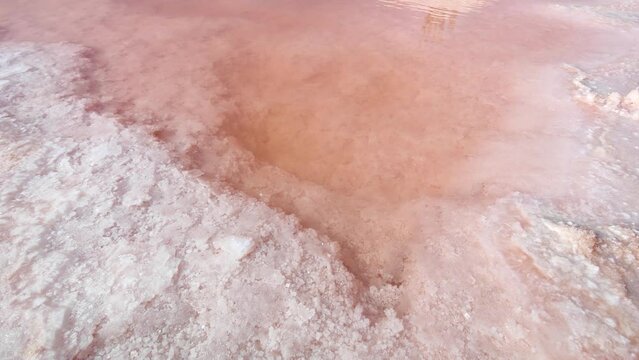 Closeup detailed shot of unrefined salt in Salt lake in Tunisia Chott el Djerid red color of water from the salt minerals. Largest salt lake in the Sahara Desert.