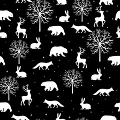 Animals winter seamless pattern. Christmas seamless pattern with bears, deers, foxes, hares and tree