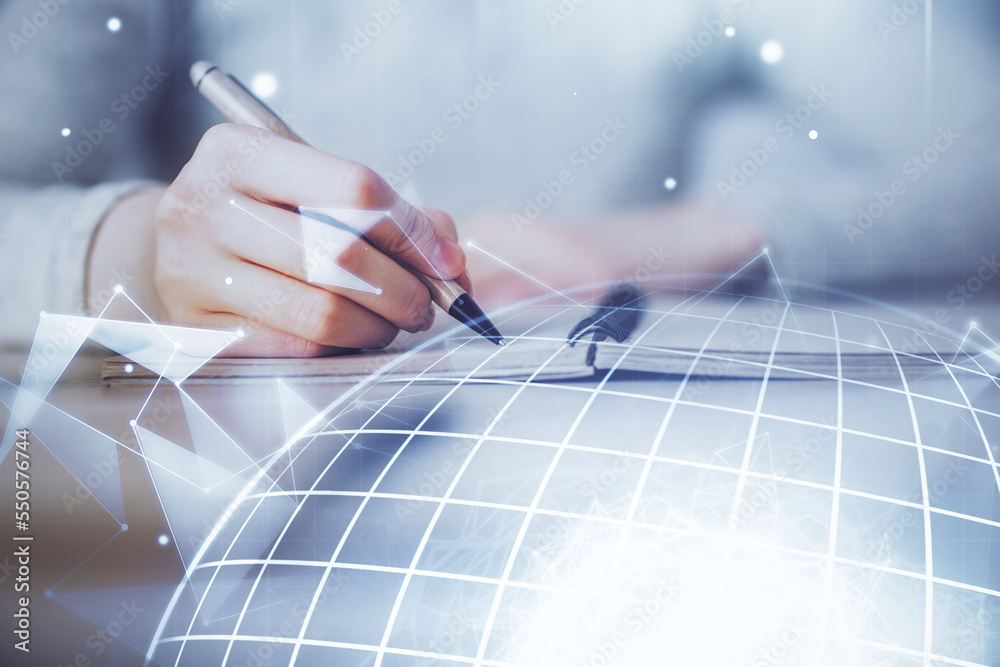 Poster Multi exposure of hands making notes with world map hologram and data theme icons. Concept of global computer data.