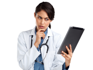 PNG Studio shot of a young doctor using a digital tablet and looking unsure an isolated transparent png background.