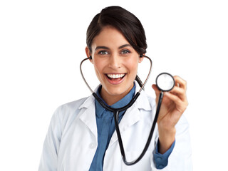PNG Studio shot of a young doctor using a stethoscope against an isolated transparent png background.