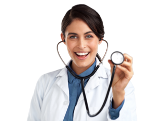 PNG Studio shot of a young doctor using a stethoscope against an isolated transparent png background.