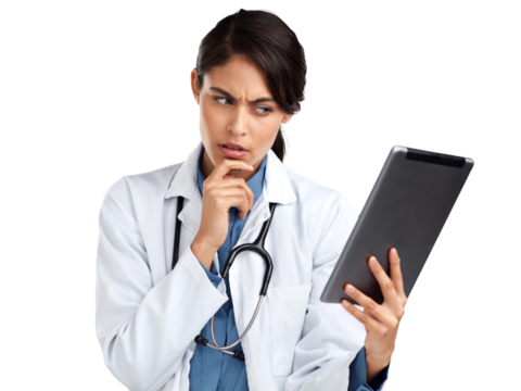 PNG Studio shot of a young doctor using a digital tablet and looking unsure an isolated transparent png background.