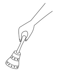 Christmas bell in hand. Sketch. A musical instrument that makes a sound. Ringing bells. Jingle bells. Isolated background. Coloring book for children. Doodle style. Happy new year and merry Christmas.