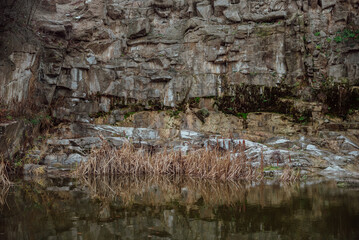 part of autumn
natural landscape with a view of space;
lake at the foot of the rock