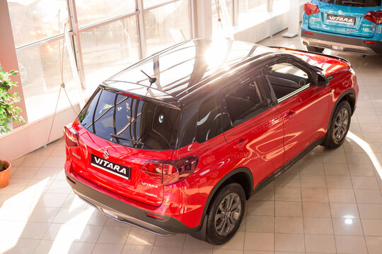 Russia, Izhevsk - March 05, 2020: New modern Vitara cars in the Suzuki showroom. View from above. Famous world brand.