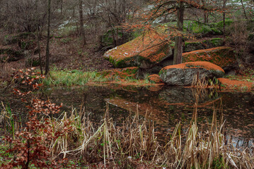part of autumn
natural landscape with a view of space;
large stone boulders on the shore of an autumn forest lake