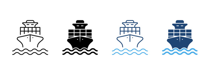 Sea Boat Vessel Silhouette and Line Icon. Freight Marine Container Delivery Pictogram. Cargo Ship Delivery Black Icon. Big Cruise Yacht Shipping. Editable Stroke. Isolated Vector Illustration