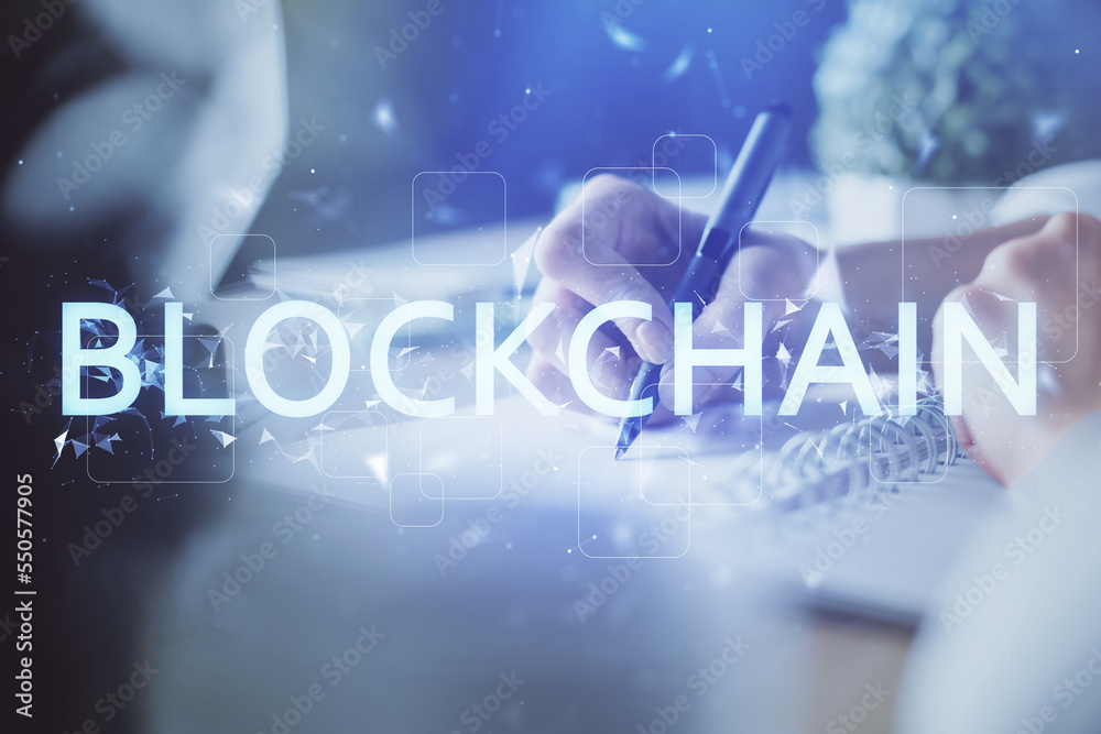 Poster cryptocurrency hologram, bitcoin, ico theme over hands taking notes background. concept of blockchai
