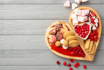 Valentine's Day celebration concept. Top view photo of wooden heart shaped serving tray with sweets saucer chocolate jelly candies and cookies on grey wooden table background with copyspace