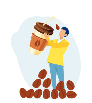 Vector of a young man drinking coffee from a big cup with a straw