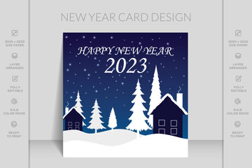 Merry Christmas and happy new year template. Hand drawn flat illustration winter landscape design.