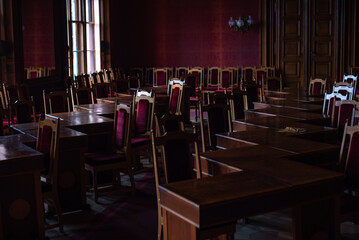 part of autumn
natural landscape with a view of space;
interior of the meeting hall with light from the window