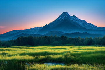 Ethereal mountain sunset views over a calming forest wooldland vista beautiful lighting