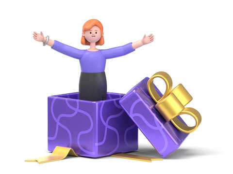 3D Illustration Of Smiling European Businesswoman Ellen   Through The Gift Box. 3D Rendering On White Background.
