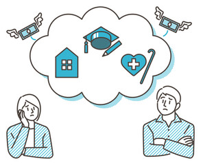 Couple worried about and thinking about money, such as mortgage, education, medical expenses, etc. [Vector illustration].
