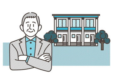 Senior male landlord investing in real estate through condominium management [Vector illustration].