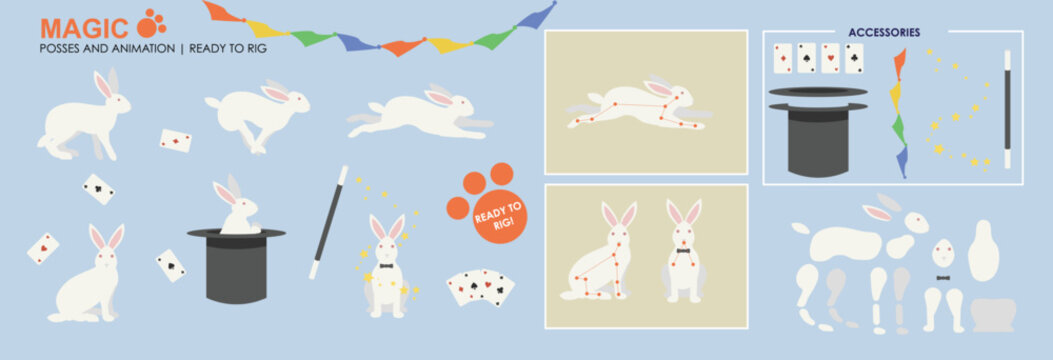 Cute white rabbit, magic rabbit in hat with accessories ready for animation vector, collection of multiple poses and positions. Rigging example character animation bunny rabbit magicians assistant.
