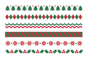 Set of pattern borders for Christmas concept in winter season December. Repeating rhombus, dot, tree, wave, stripe, fruit, flower icon.