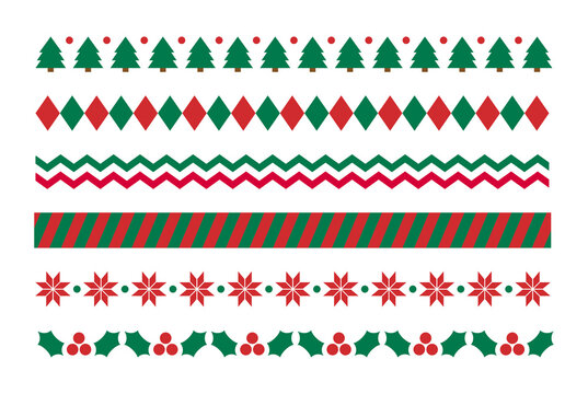 Set of pattern borders for Christmas concept in winter season December. Repeating rhombus, dot, tree, wave, stripe, fruit, flower icon.
