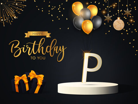 birthday design with the alphabet P and balloons in golden color