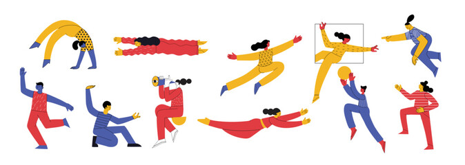 Creative team creating new, building abstract structure, working under corporate project. Business and creativity process, teamwork concept. Flat vector illustration