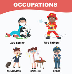 Occupations poster for children. Preschool activity sheet. Vector file. Jobs poster for kindergarten classroom. Introducing kind of jobs to kids 