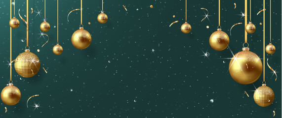 Fototapeta na wymiar Gold christmas balls with shadow and confetti 