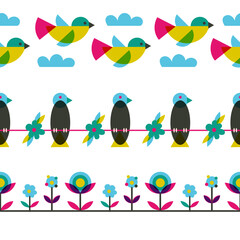 Fototapeta premium Retro Birds and Flowers Vector Seamless Horizontal Borders Set