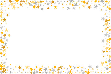 Abstract silver and gold stars random scatter background. Many stardust spangles birthday decoration confetti. Baby shower stars random pattern. Spangle confetti banner decor.