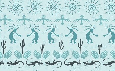 Kokopelli with flute, pangolin, hawk, sun symbol, hands and plant tribal vector seamless pattern.