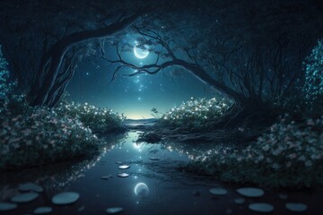 Enchanted fores in the night. moon. fantasy scenery.