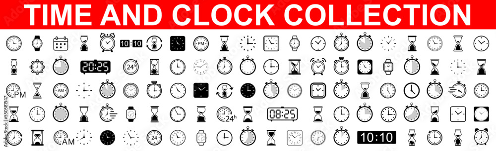 Poster time and clock icons big set. clocks icon collection design. horizontal set of analog clock icon sym