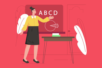 School teacher at lesson modern flat concept. Female teacher stands at blackboard and points hand to alphabet. Education and knowledge. Illustration with people scene for web banner design