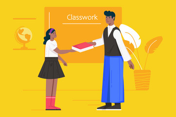 School teacher at lesson modern flat concept. Male teacher gives book to schoolgirl, helping pupil learning subject and doing classwork. Illustration with people scene for web banner design
