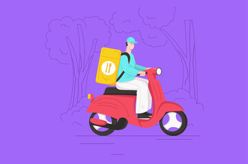 Online ordering and food delivery modern flat concept. Courier with bag riding moped. Fast shipping of restaurant dishes to clients home. Illustration with people scene for web banner design
