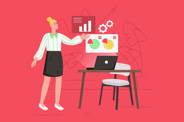 Business process and data analysis modern flat concept. Businesswoman points to diagrams and makes presentation with financial statistics. Illustration with people scene for web banner design