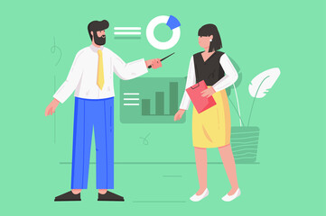 Business process and data analysis modern flat concept. Businessman and businesswoman discussing financial statistics and brainstorming. Illustration with people scene for web banner design
