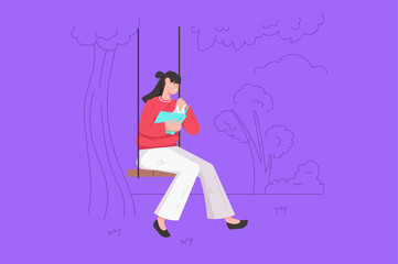People reading book modern flat concept. Happy woman is reading novel or story while sitting on swing. Female reader enjoying literature. Illustration with people scene for web banner design