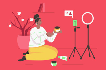 Video streaming with blogger modern flat concept. Happy young girl reviews beauty products for blog and creates content for followers. Illustration with people scene for web banner design