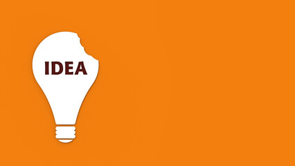 a white bitten light bulb with the inscription idea on a orange background. teeth marks stealing an idea. plagiarism. copying other people's works. horizontal image. 3D image. 3D rendering.