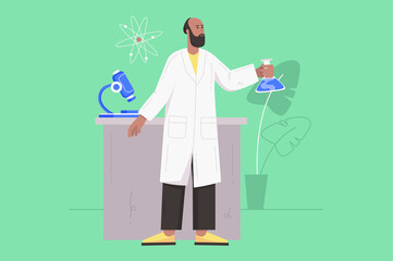 Scientist works in science laboratory modern flat concept. Researcher makes test using flask and microscope, studies physics and chemistry. Illustration with people scene for web banner design