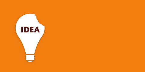 a white bitten light bulb with the inscription idea on a orange background. teeth marks stealing an idea. plagiarism. copying other people's works. horizontal image. Banner. 3D image. 3D rendering.