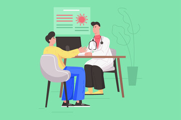 Medical clinic and healthcare service modern flat concept. Doctor and patient talking while sitting at table with computer in the office. Illustration with people scene for web banner design