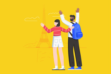 Tourists go on vacation travel modern flat concept. Happy couple walks around Paris and sightseeing. Man and woman looking at Eiffel Tower. Illustration with people scene for web banner design