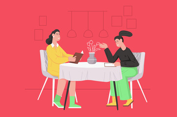 Dinner at restaurant modern flat concept. Happy women talking and choosing dishes in menu while sitting at table. Meeting of girlfriends. Illustration with people scene for web banner design