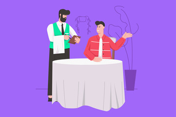 Dinner at restaurant modern flat concept. Happy man makes order while sitting at table, waiter serves client. Visitor waits for dishes. Illustration with people scene for web banner design