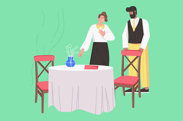 Dinner at restaurant modern flat concept. Waiter greets female visitor and sits down her at table. Happy woman visits cafeteria for dining. Illustration with people scene for web banner design